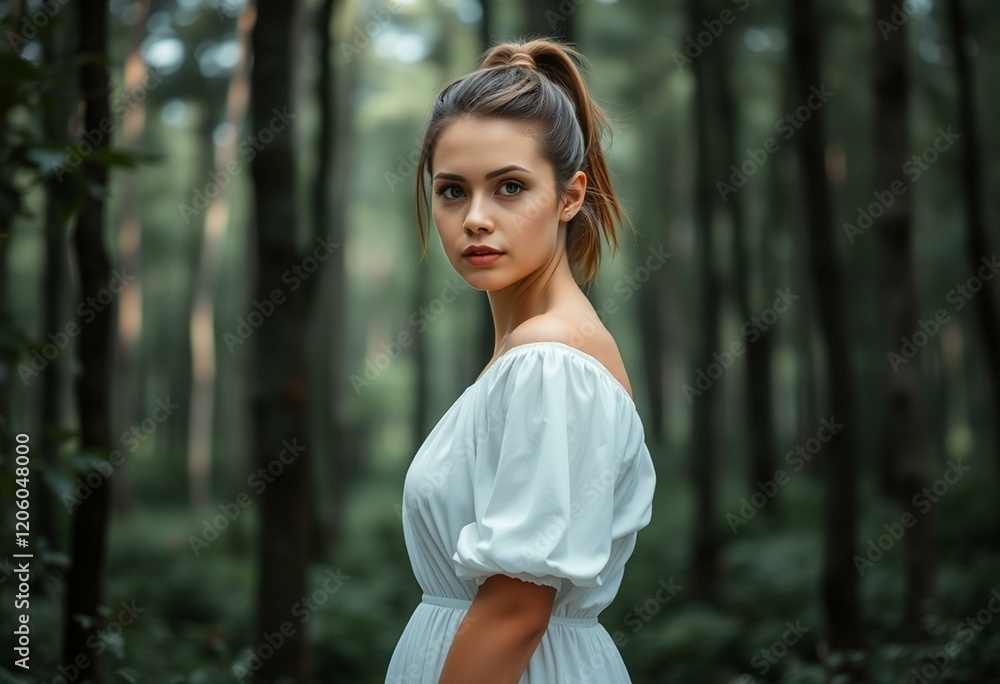 Woman standing in a dense forest with flowing white dress and tied hair Woman standing in a dense forest with flowing white dress and tied hair