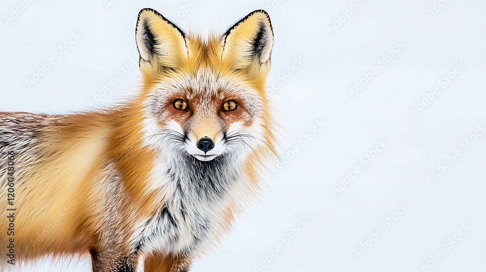 A playful yet intense close-up of a red fox, its amber eyes captivating as it stares forward on a pure white background A playful yet intense close-up of a red fox, its amber eyes captivating as it stares forward on a pure white background
