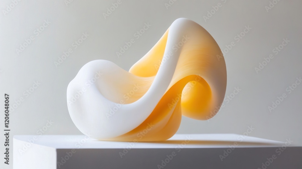 Abstract sculpture with a gradient from golden yellow to bright white on a white pedestal Abstract sculpture with a gradient from golden yellow to bright white on a white pedestal