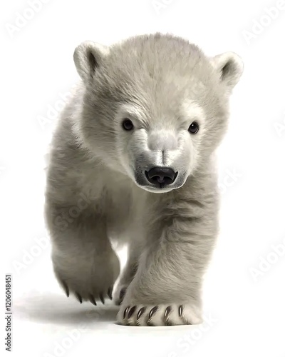 A polar bear cub walking forward with its head slightly tilted, eyes focused, against a pure white background photo