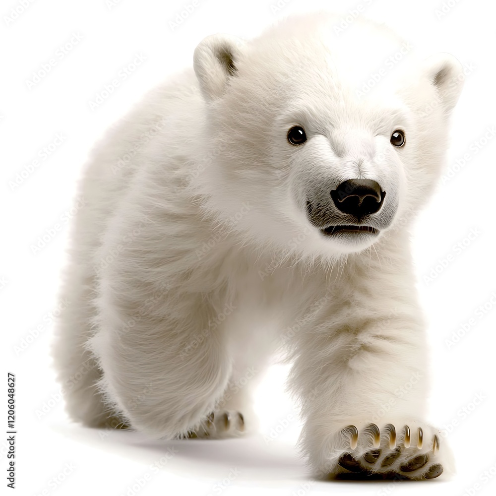 Fototapeta premium A polar bear cub walking towards the camera, its round eyes and fluffy coat sharply defined against the blank white backdrop