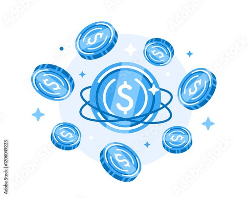Illustration of coins and global internet connections in flat style.