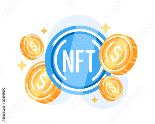 Illustration of NFT symbol and gold coins in flat style.