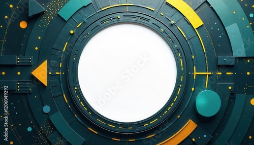 Abstract Geometric Design with Teal and Gold Accents and Central White Circle