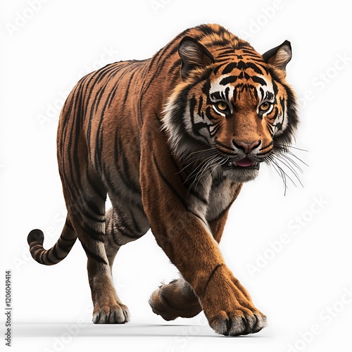 A regal tiger walking with its head held high, its muscular body elegantly moving across a white backdrop photo