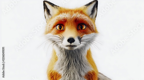 A sharp and vibrant close-up of a red fox staring with keen interest, the details of its fur and whiskers highlighted on a plain white background photo