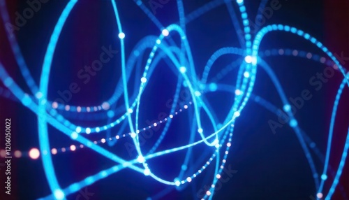 Abstract Glowing Blue Lines and White Dots Swirling Dynamically on Dark Background