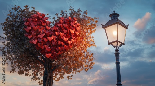 A tree adorned with heart-shaped leaves arranged in the form of a heart is positioned beside a streetlamp photo