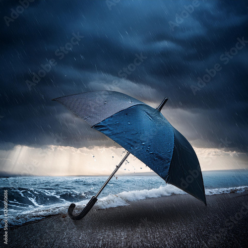 A broken umbrella amid a storm, symbolizing the protection and security offered by insurance during turbulent times. photo