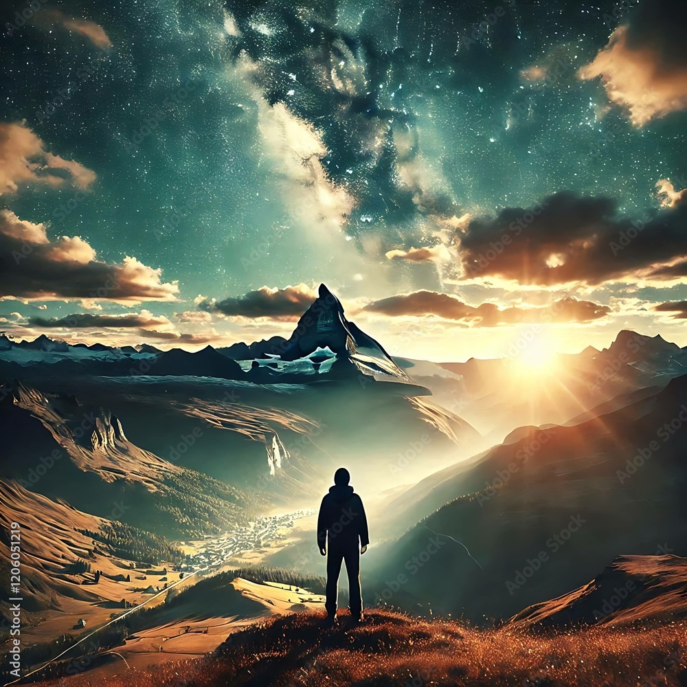 Φωτογραφία Silhouetted young man on a mountain top looking at a sunrise in over a valley, m