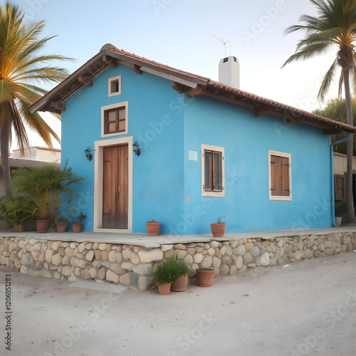 Una preciosa casa azul,de un estilo rustico en una región costera photo