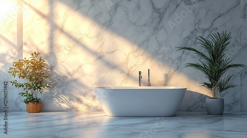 Wallpaper Mural Modern bathroom with tub, plants, sunlight, marble walls, for relaxation Torontodigital.ca