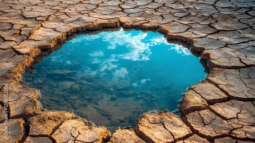Dry earth breathing: cracks surrounding a reflective water pool under a cloudy sky