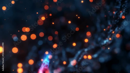 Dynamic motion of glowing neon arrow amongst sparkling particle field in futuristic scene