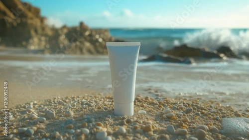 Tubes on sandy beach with ocean waves showcasing serene coastal beauty
