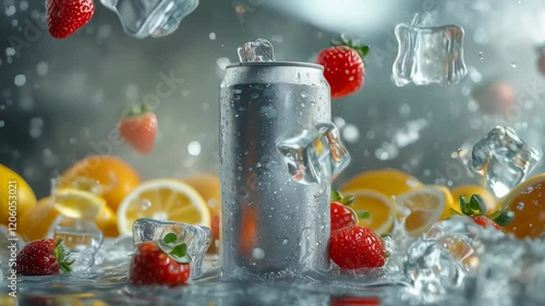 Refreshing lemonade splash with strawberries and ice around a soda can