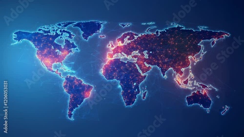 Global network connectivity illuminating world map with dynamic data points