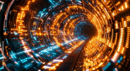 Futuristic tunnel with dynamic orange and blue light patterns in rapid motion