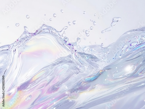 cascading crystal-clear mountain stream water frozen in time, droplets suspended in air with prismatic rainbow effects, pure white background