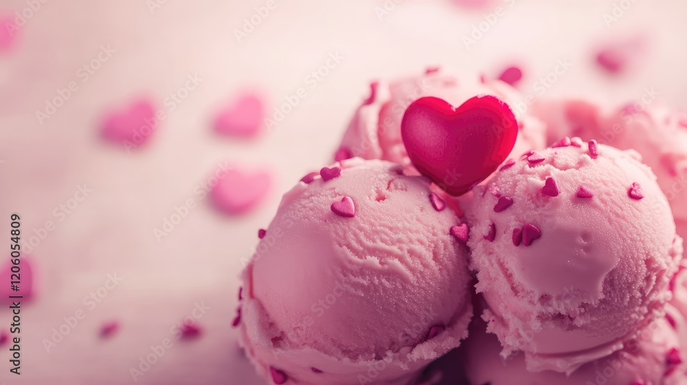 Pink ice cream scoops with heart-shaped sprinkles Pink ice cream scoops with heart-shaped sprinkles