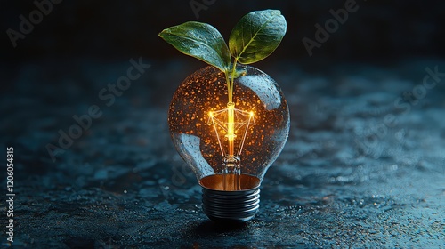 Glowing light bulb with a sprout growing from it, symbolizing sustainable energy and growth. photo