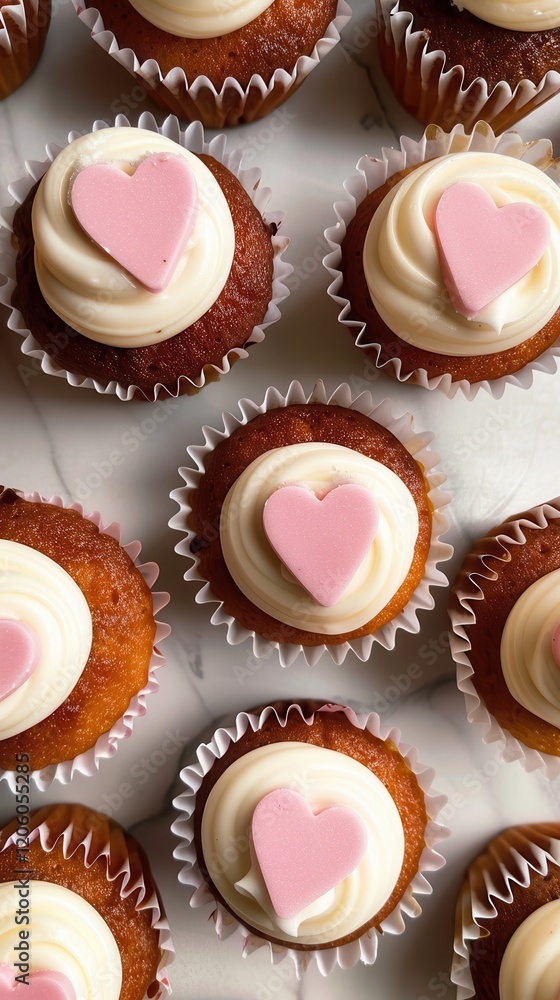 A flatlay of cupcakes with soft white icing and delicate pink heart decorations on a simple background.. A flatlay of cupcakes with soft white icing and delicate pink heart decorations on a simple background..
