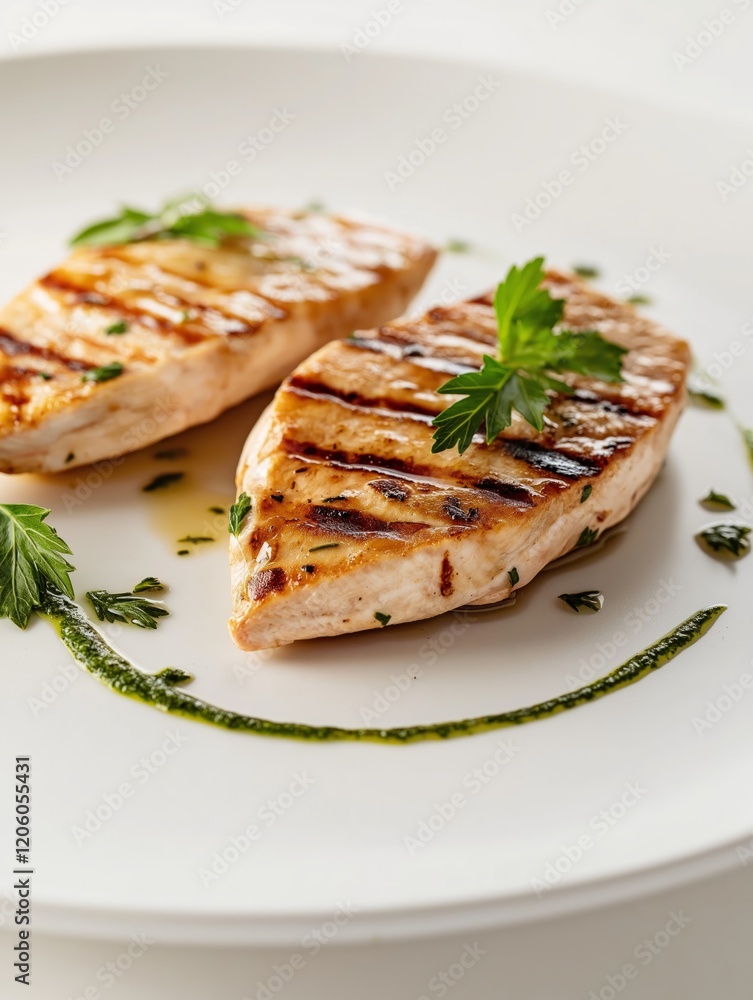 Grilled turkey fillet with garlic sauce, presented on a simple white plate. Minimalistic setup with clean lines, and artistic drizzles of garlic sauce and herb oil as key compositional elements. Grilled turkey fillet with garlic sauce, presented on a simple white plate. Minimalistic setup with clean lines, and artistic drizzles of garlic sauce and herb oil as key compositional elements.