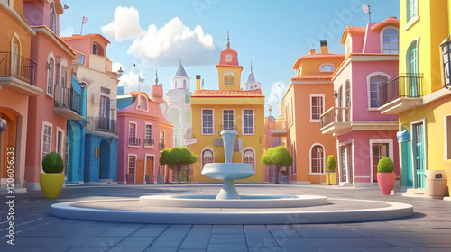 A sunny day in a charming pastel-colored neighborhood.