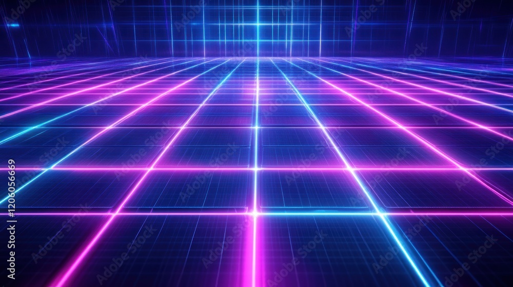 Intricate 3D geometric grid with glowing neon blue and pink lines creating a futuristic floor Intricate 3D geometric grid with glowing neon blue and pink lines creating a futuristic floor