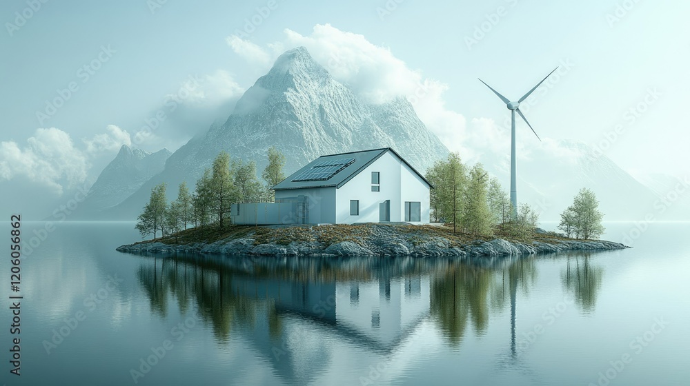 Fototapeta premium A serene house on an island with a mountain backdrop and wind turbine, reflecting eco-friendly living.