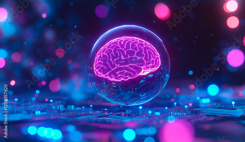 Abstract representation of a brain on a circuit board, symbolizing artificial intelligence and innovation, blue and purple