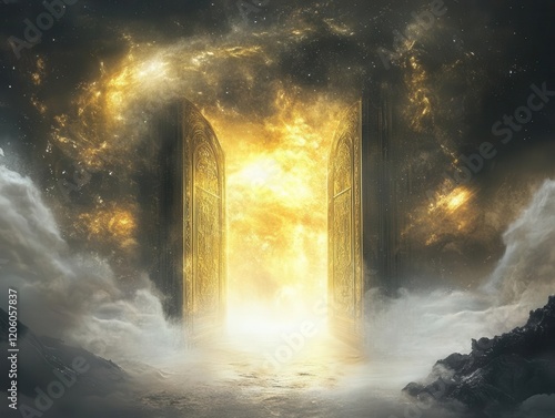 ethereal golden gates of paradise contrasting with dark obsidian hell gates, divided by mystical light rays and swirling cosmic clouds photo