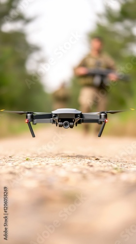 Drone Flight Over Rural Landscape with Soldier in Background