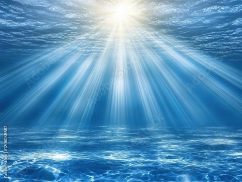 ethereal underwater seascape with brilliant sun rays piercing crystal clear waters, creating light beams through azure depths