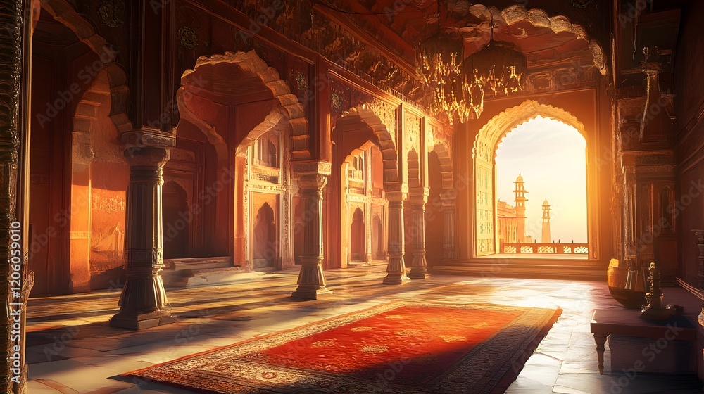 Obraz premium Sunlit Palace Hall With Distant Mosque View