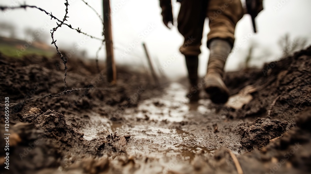 close up legs of a soldier walking on muddy ground , fire flame burning behid, great war battle field close up legs of a soldier walking on muddy ground , fire flame burning behid, great war battle field