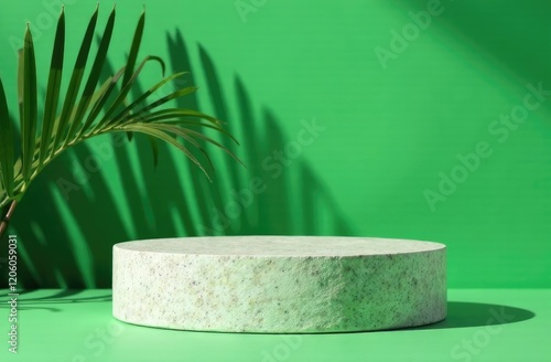 stone display flat lay podium ongreen background and palm shadow. Product promotion Beauty cosmetic showcase photo