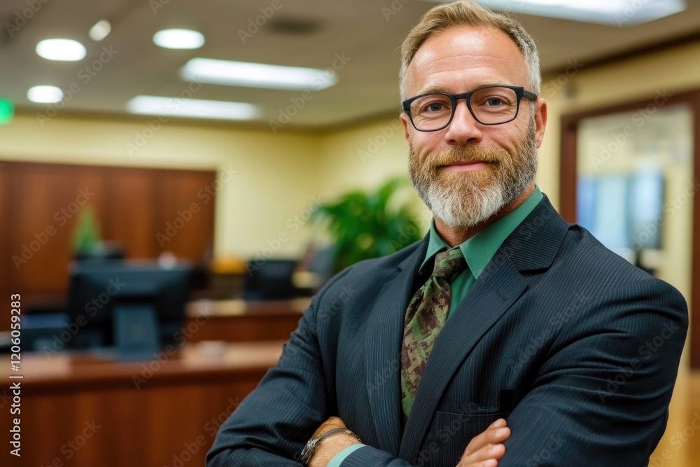 Fototapeta premium Confident caucasian mature male executive in office setting with gray beard and glasses