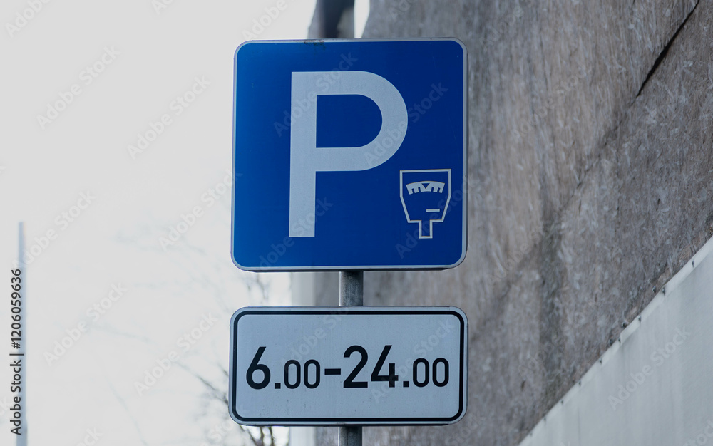 Blue Parking Sign with Time Schedule Blue Parking Sign with Time Schedule