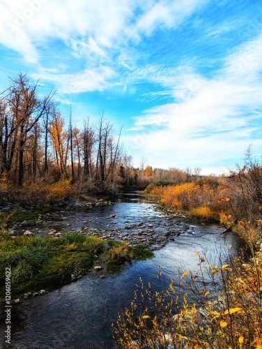 A calm river winding through a landscape of vibrant autumn foliage