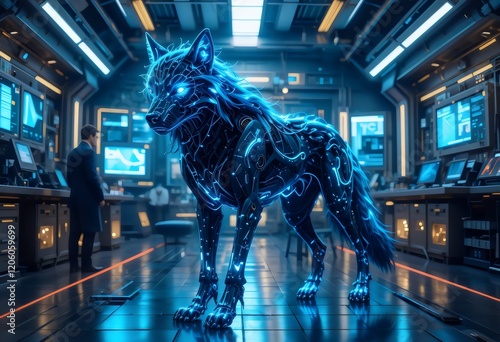 Neon wolf in a futuristic control room