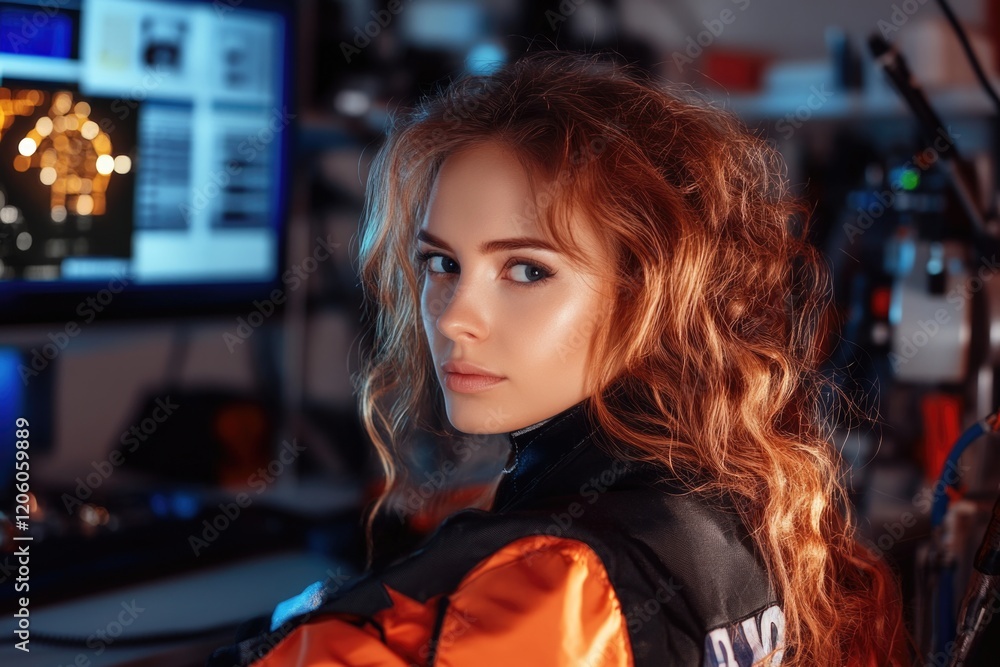 Young caucasian female with curly hair in control room setting Young caucasian female with curly hair in control room setting