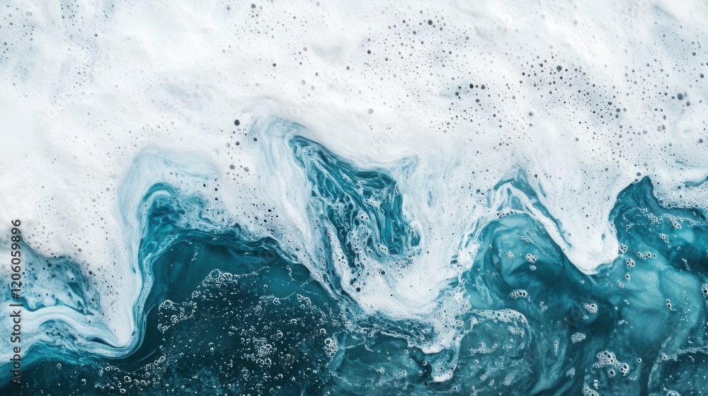 Abstract texture of ocean foam and swirling blue water patterns creating a dynamic and calming composition. Copy space