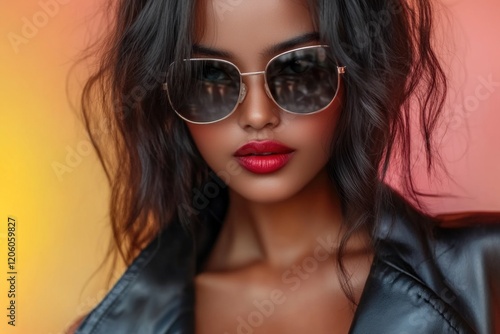 Wallpaper Mural Stylish african female model with sunglasses and leather jacket against gradient background Torontodigital.ca