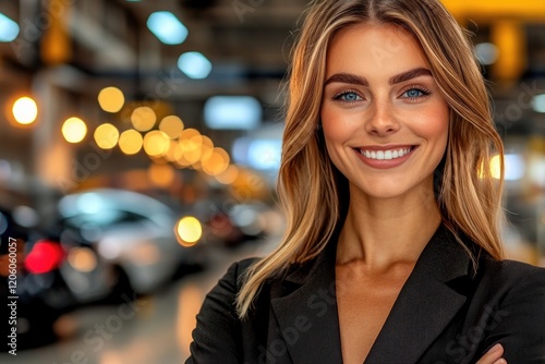 Confident caucasian female adult with blonde hair smiling in indoor setting