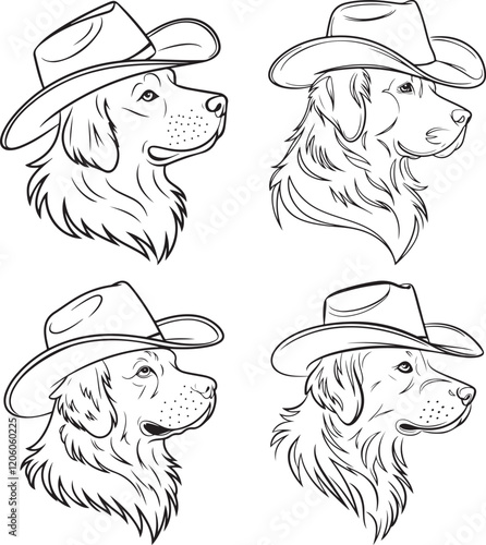 Golden retriever Cartoon Dogs Wearing Cowboy Hats in Outline Style | Dog Silhouette Art | Pet Illustration | Golden Retriever Clipart | Animal Line Art | Dog Outline Drawing | Puppy Vector