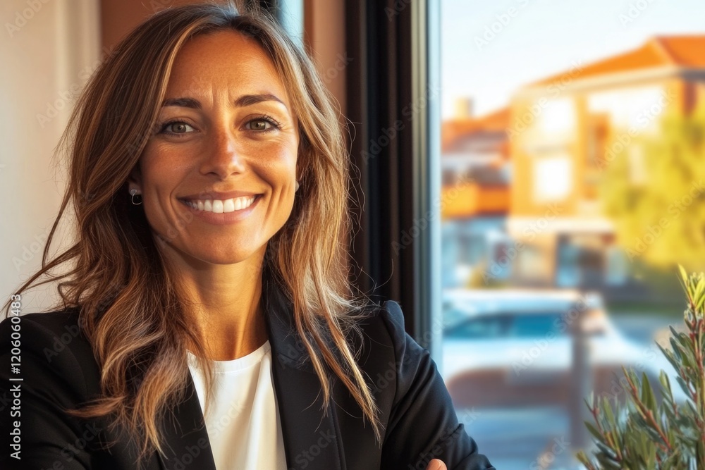 Fototapeta premium Confident young caucasian female professional smiling indoors by a window