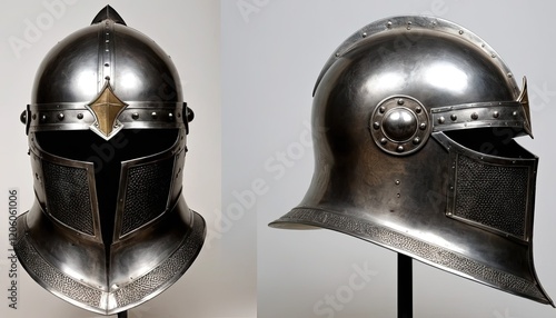 Casque de chevalier médiéval terni avec des gravures métalliques détaillées, Antique, armure, affrontement, combat, combattant, historique photo