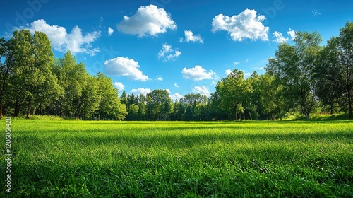 A serene landscape featuring lush green grass and trees under a bright blue sky with fluffy clouds.