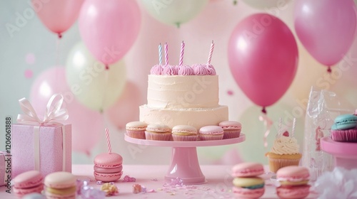 A joyful birthday celebration with a tiered cake, macarons, gifts and pastel balloons creates a festive atmosphere